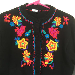 black cardigan sweater crewel embroidered floral